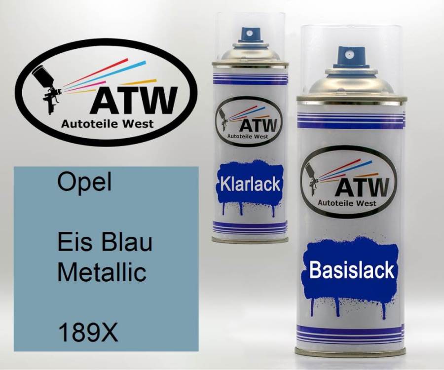 Opel, Eis Blau Metallic, 189X: 400ml Sprühdose + 400ml Klarlack - Set, von ATW Autoteile West.